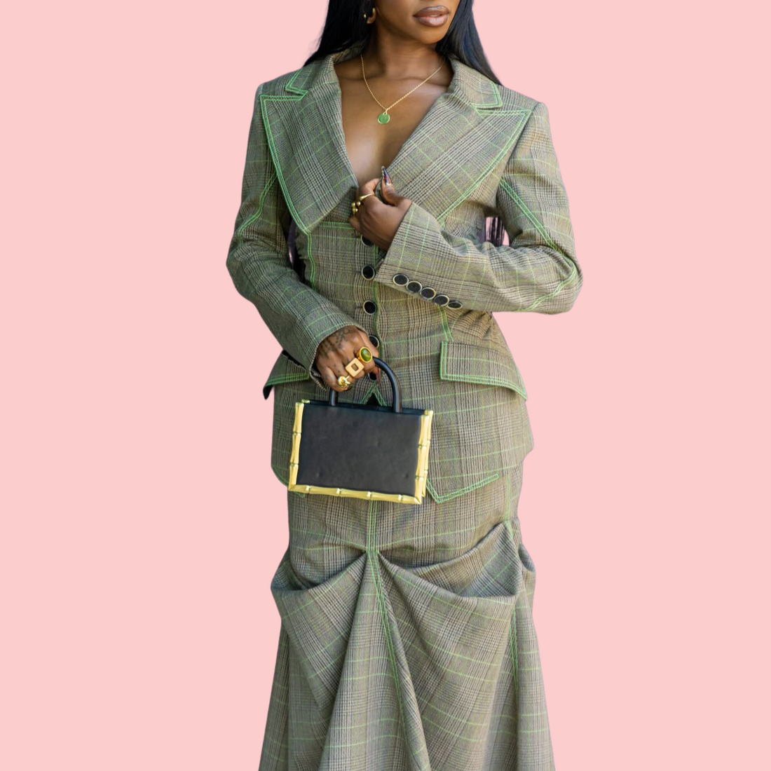 Checkered V-neck Blazer & Pleated Skirt Set