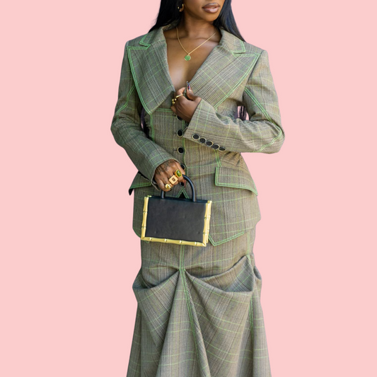 Checkered V-neck Blazer & Pleated Skirt Set