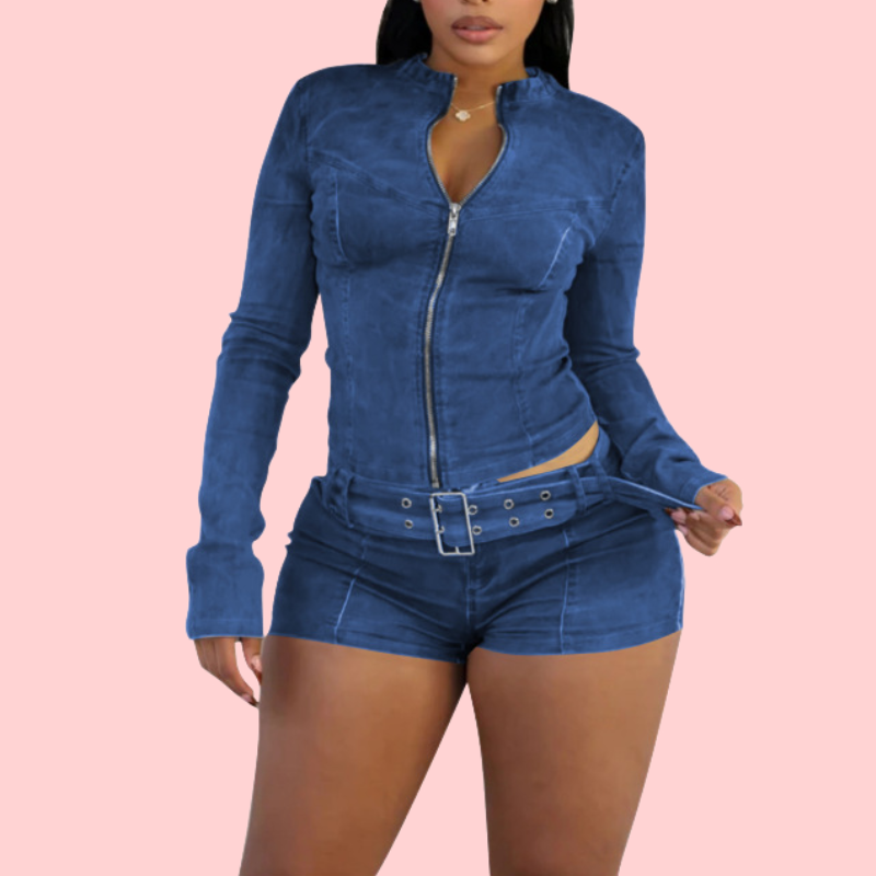 Washed Denim Zip Up Top & Shorts SET
