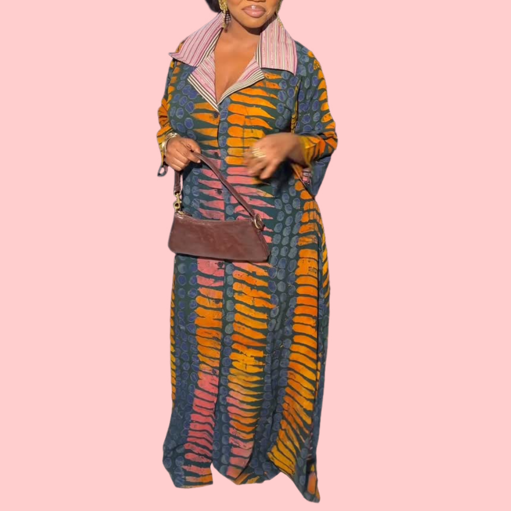 Printed Shirt Collar Button-Up Maxi Dress