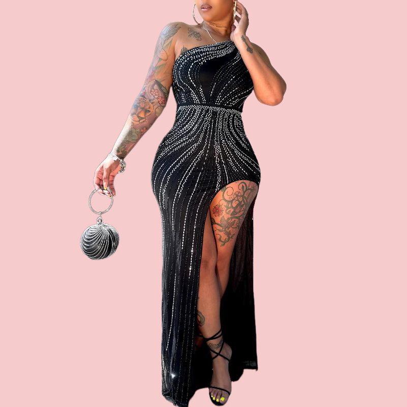 Black Rhinestone Off-Shoulder Split Dress