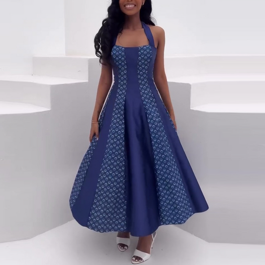 Blue Printed Patchwork Halter Maxi Dress