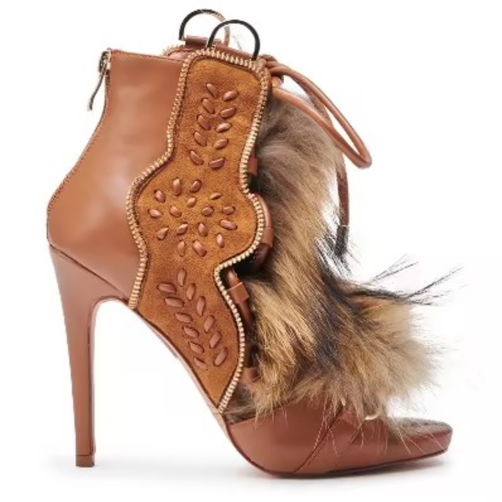 Ribbon-Tied Fur Sandals