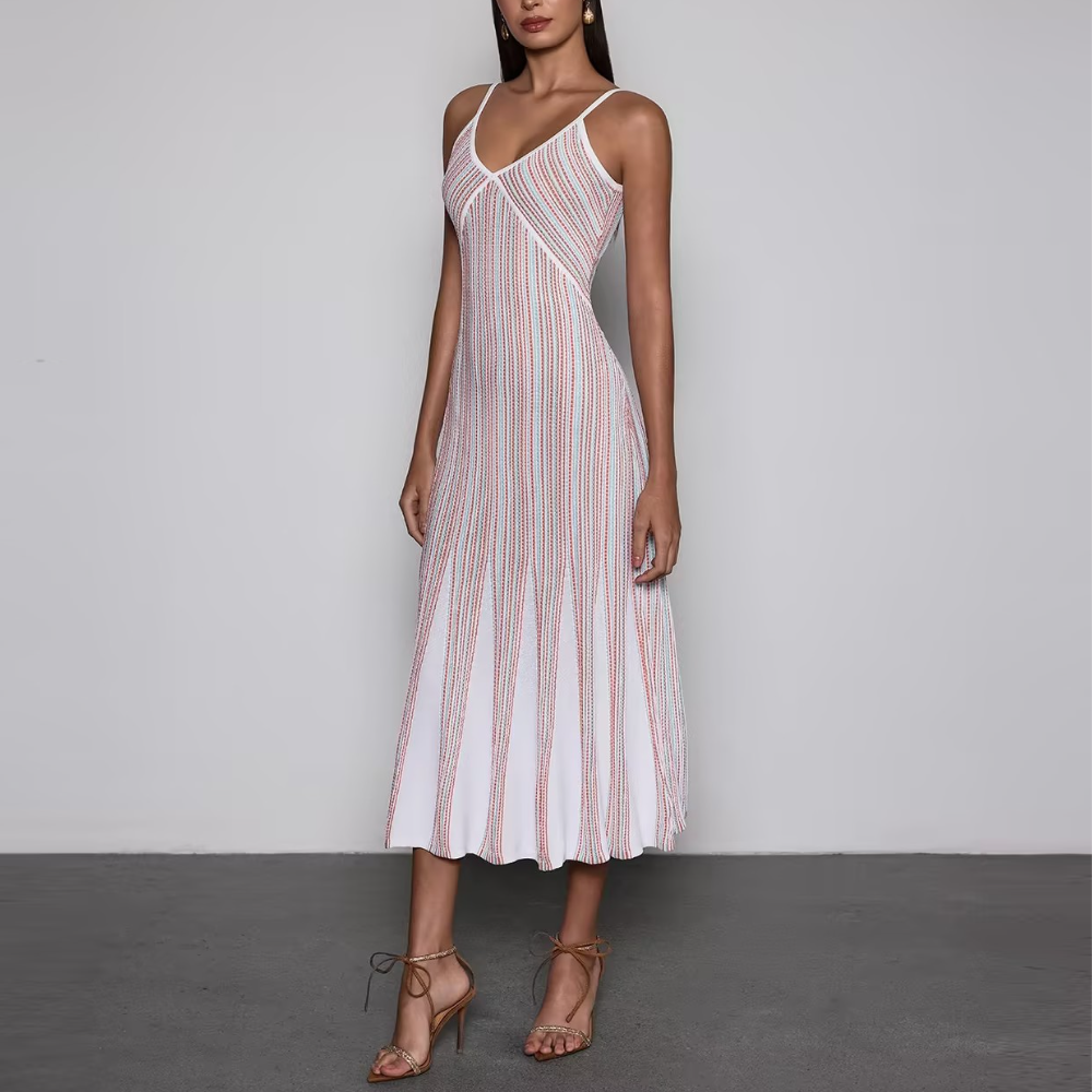 Striped V-neck Sleeveless Tencel Knit Dress