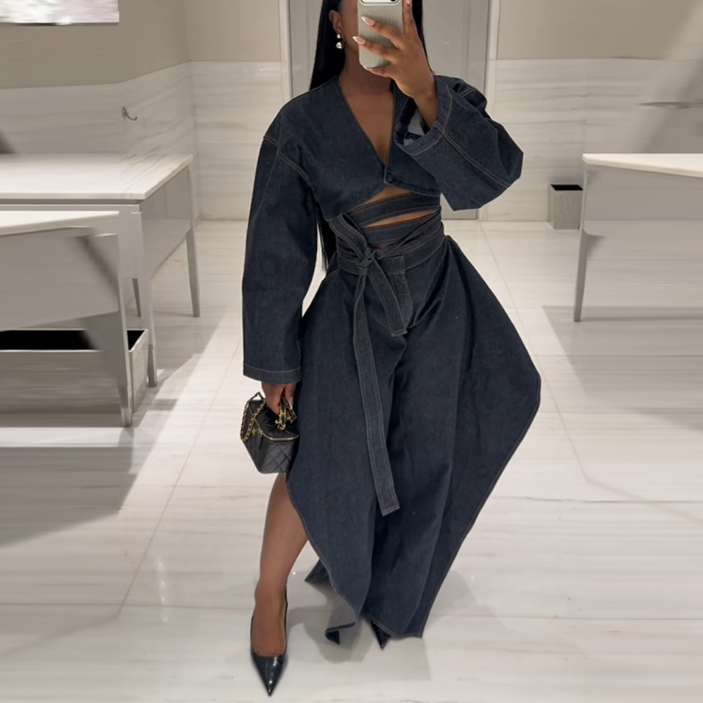 Blue Denim Tie-Waist Cutout Dress