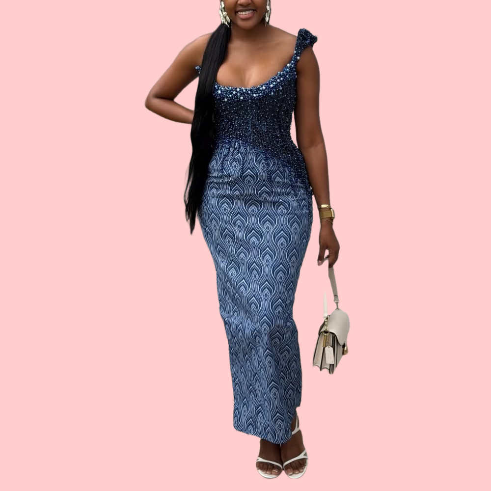 Blue Floral Strapless Pearl-Embellished Maxi Dress
