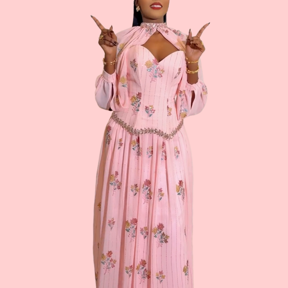 Pink Floral Rhinestone Strapless Maxi Dress + Shawl Set