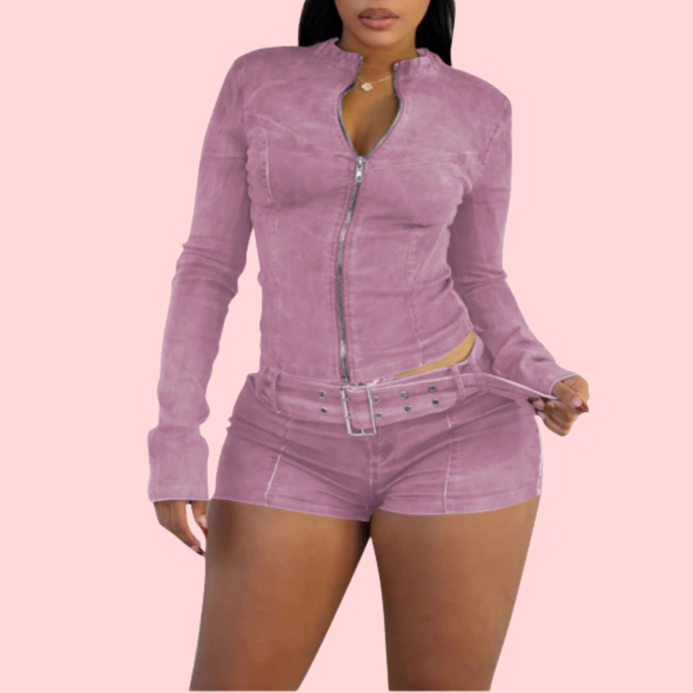 Washed Denim Zip Up Top & Shorts SET