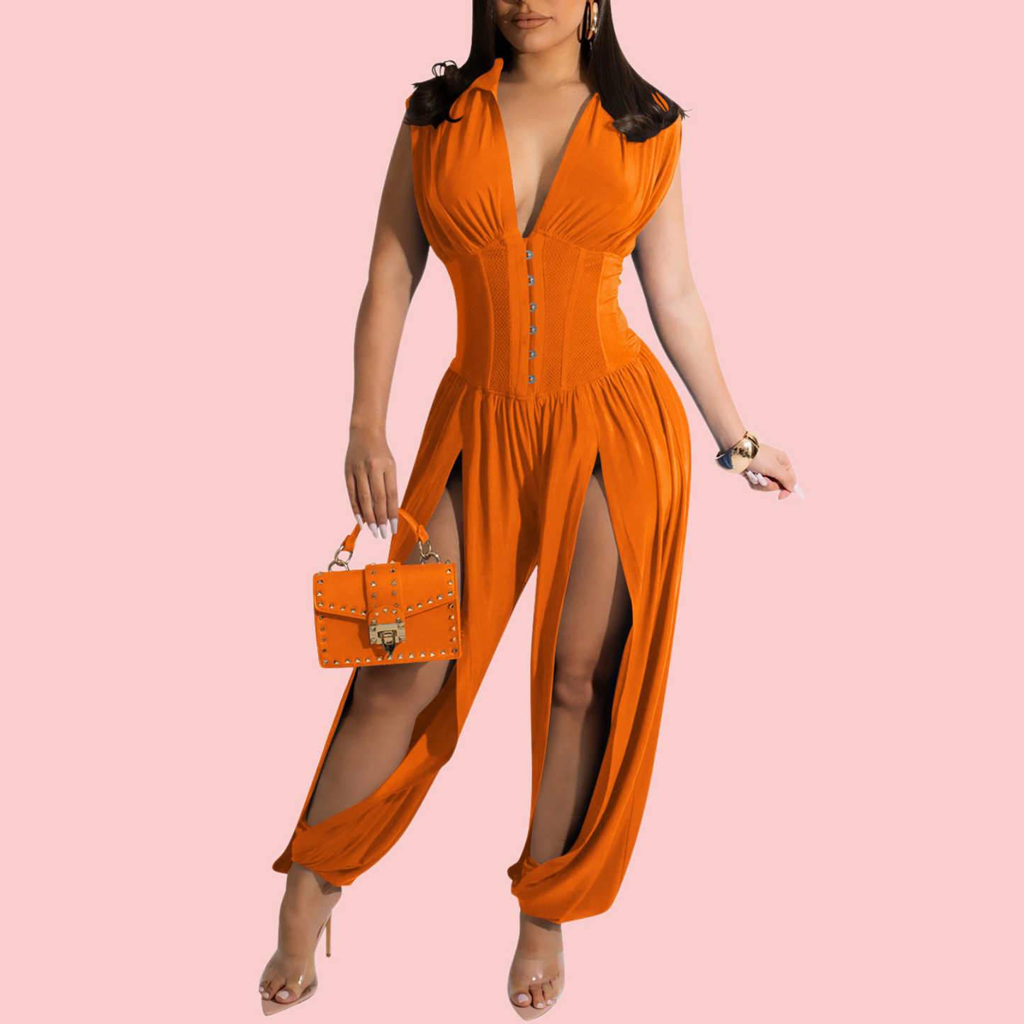 Solid-Color V-Neck Cutout Jumpsuit