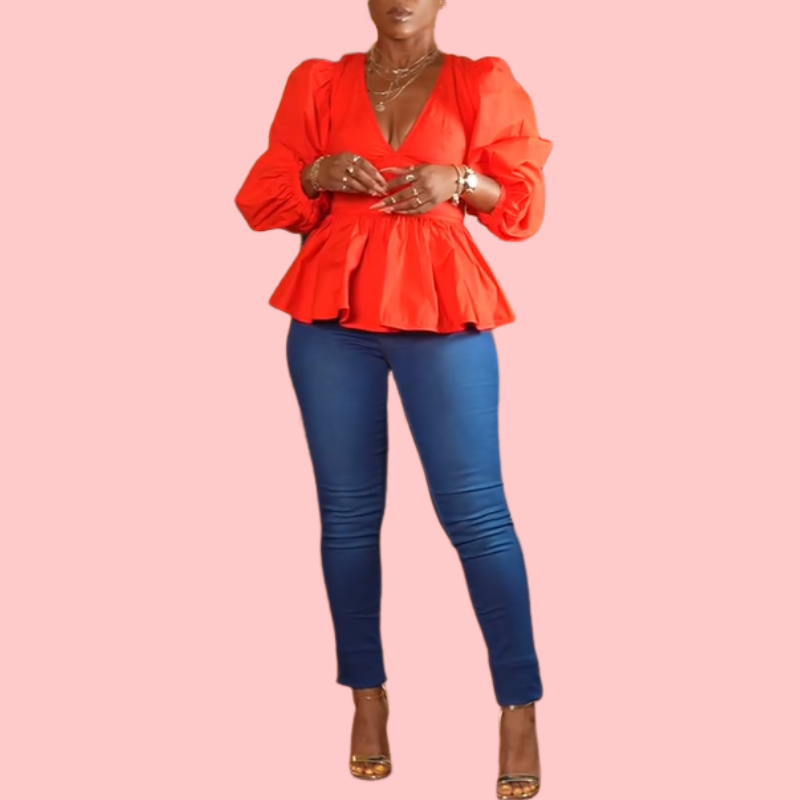 Orange V- Neck Bubble Sleeve Hem Top