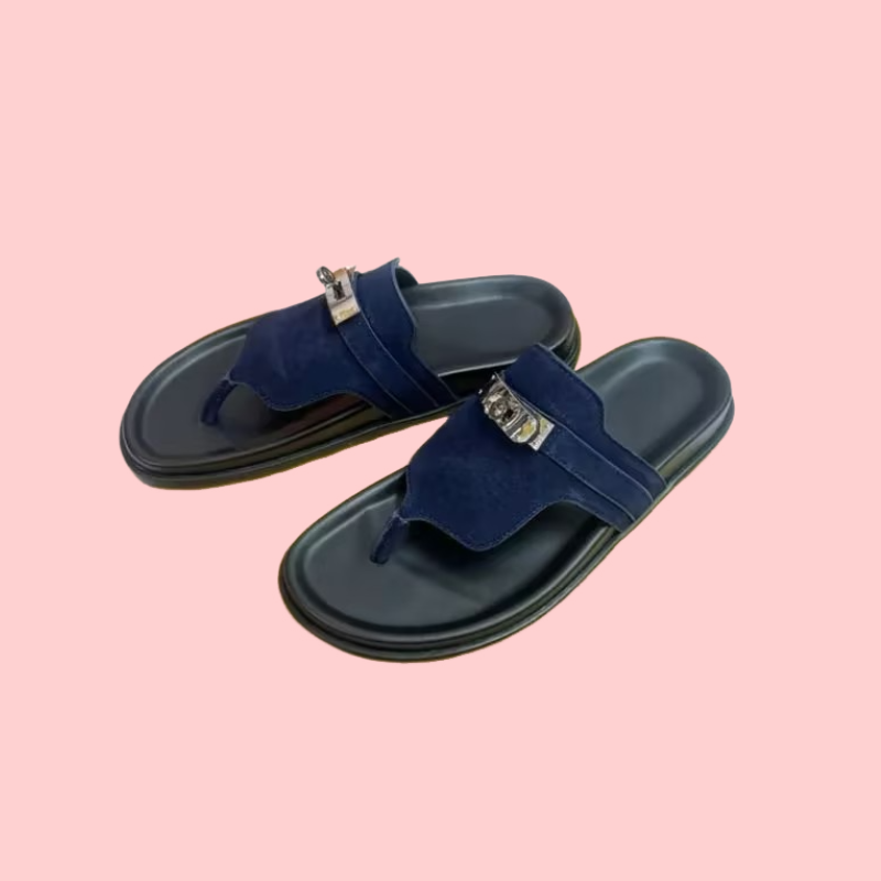 Metal-clasped Leather Flip-Flops