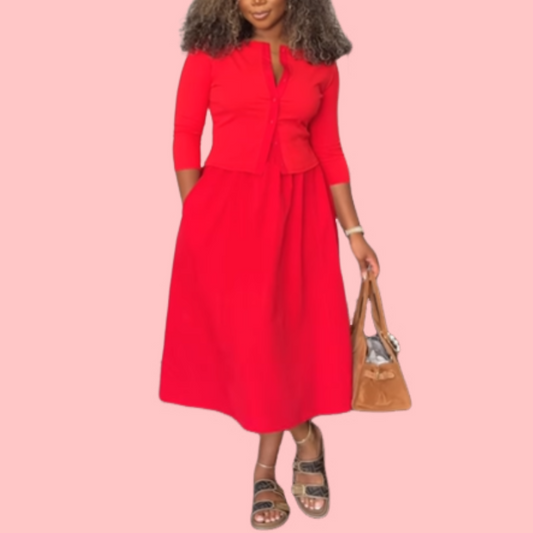 Solid Color Button Down Cardigan & Half Skirt Set