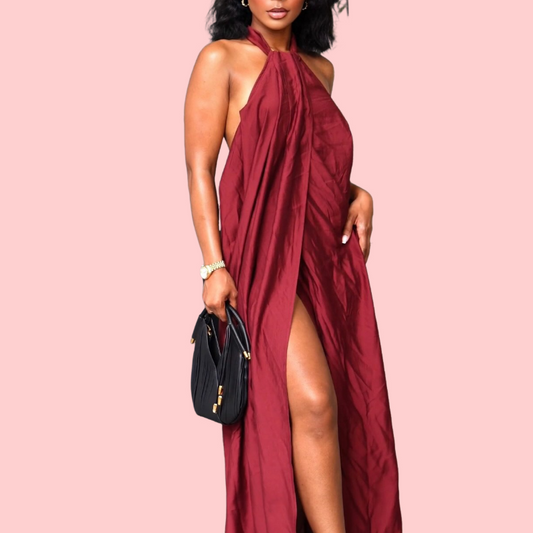 Red Hanging Neck Sleeveless Maxi Dress