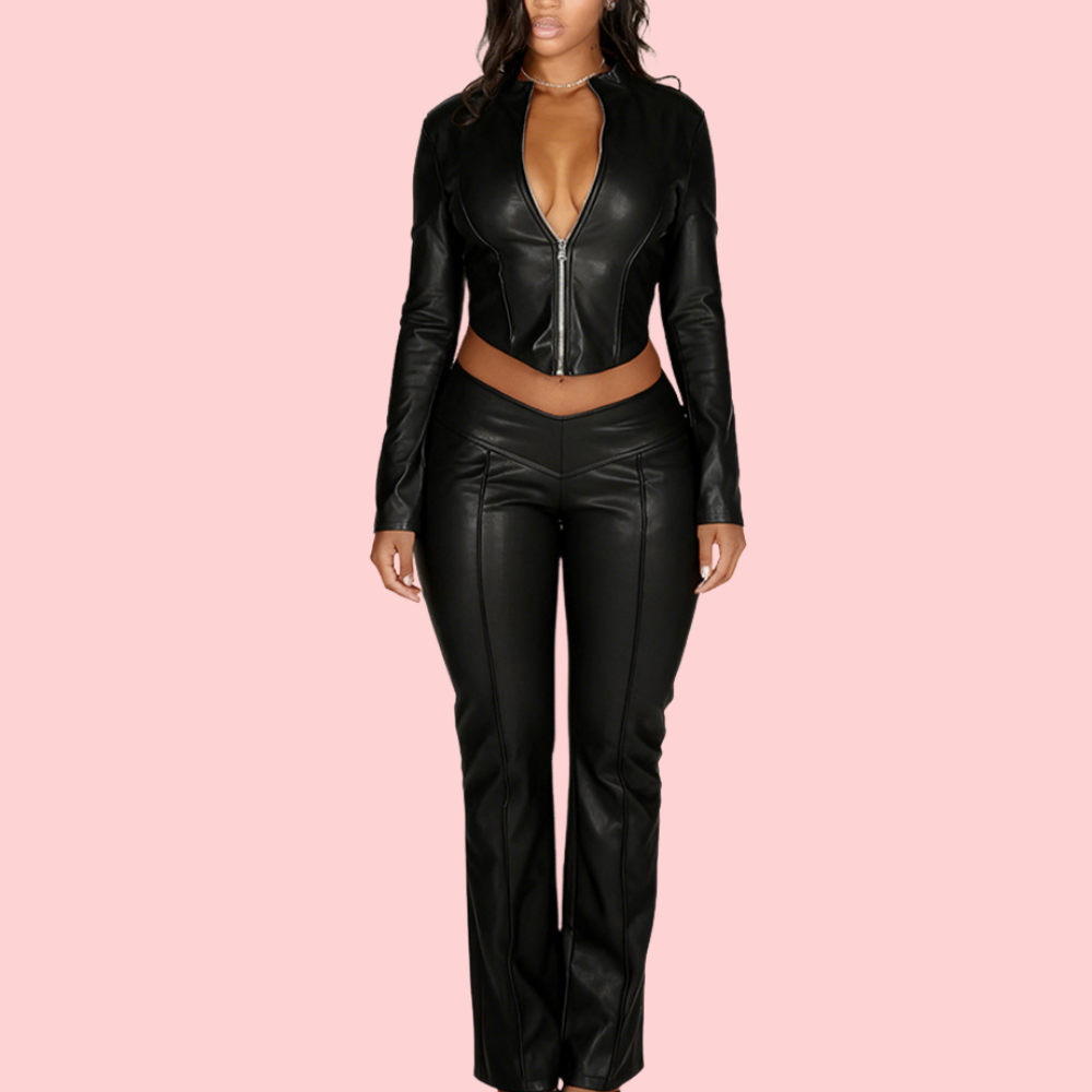 Sexy Zipper Leather Jacket & Pants Set