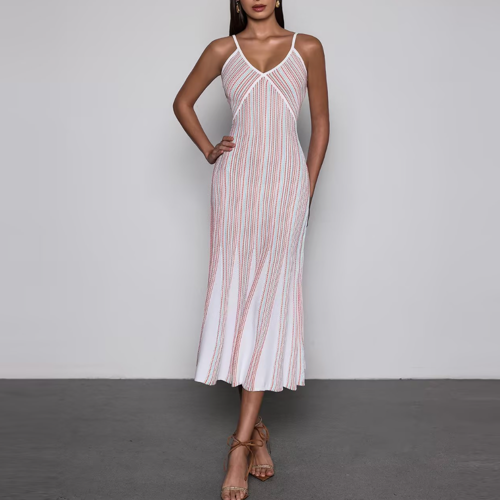 Striped V-neck Sleeveless Tencel Knit Dress