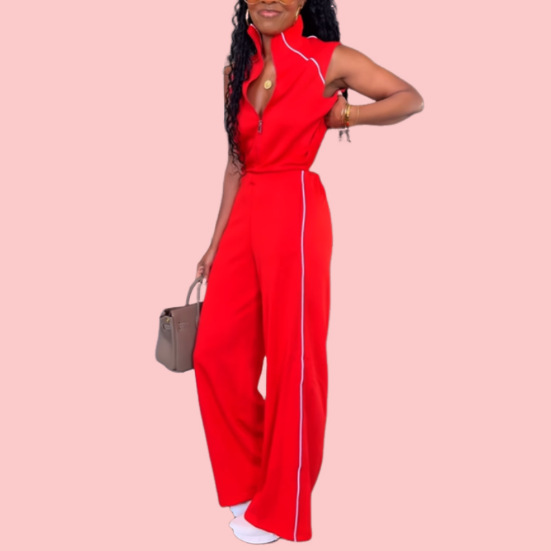 Red Half-Zip Sleeveless Jumpsuit