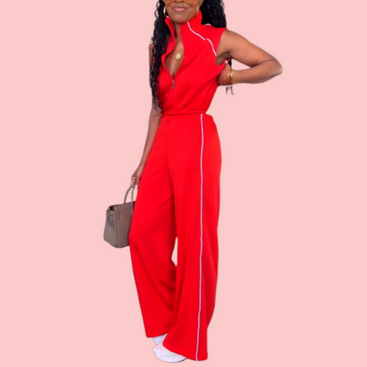 Red Half-Zip Sleeveless Jumpsuit