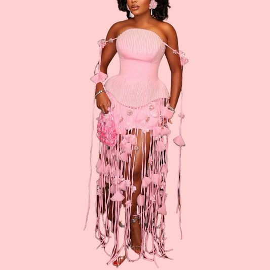 Pink Flower Fringe Flutter Maxi Dress