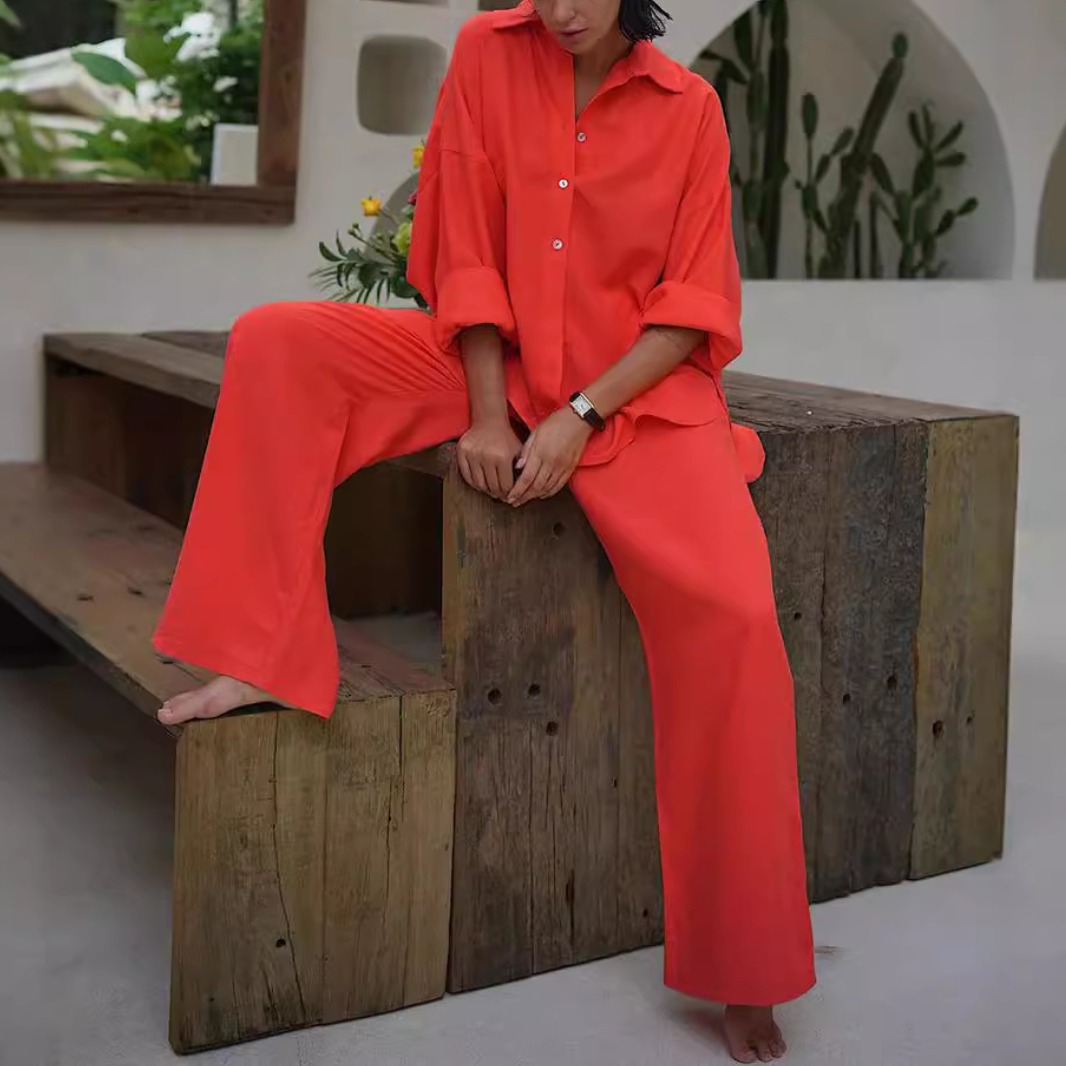 Solid-Color Long-Sleeve Shirt and Pants Set
