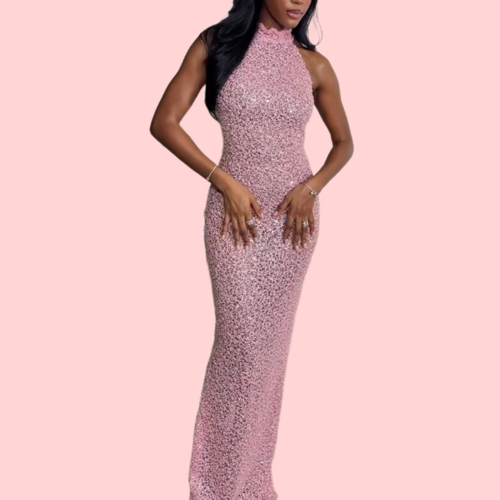 Pink Sequined Sleeveless Maxi Dress