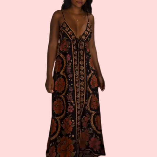 Black Floral Print Halter Maxi Dress