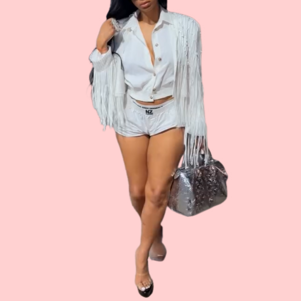 White Long-Sleeve Shirt with Tassels