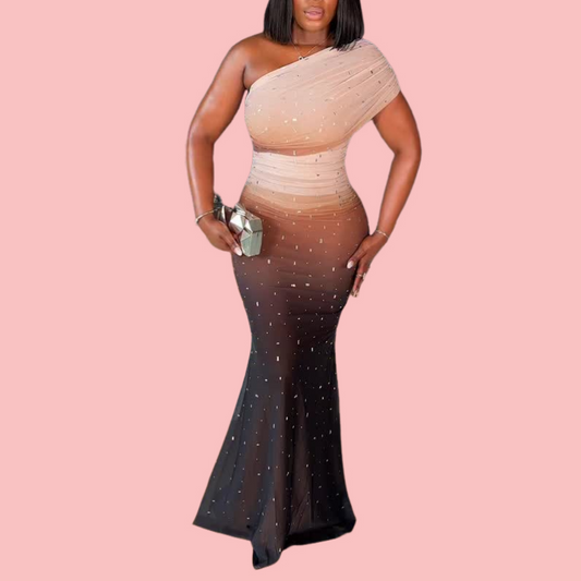 Gradient Off-Shoulder Rhinestone Maxi Dress