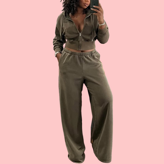 Washed Hooded Sweatshirt Two-Piece Set
