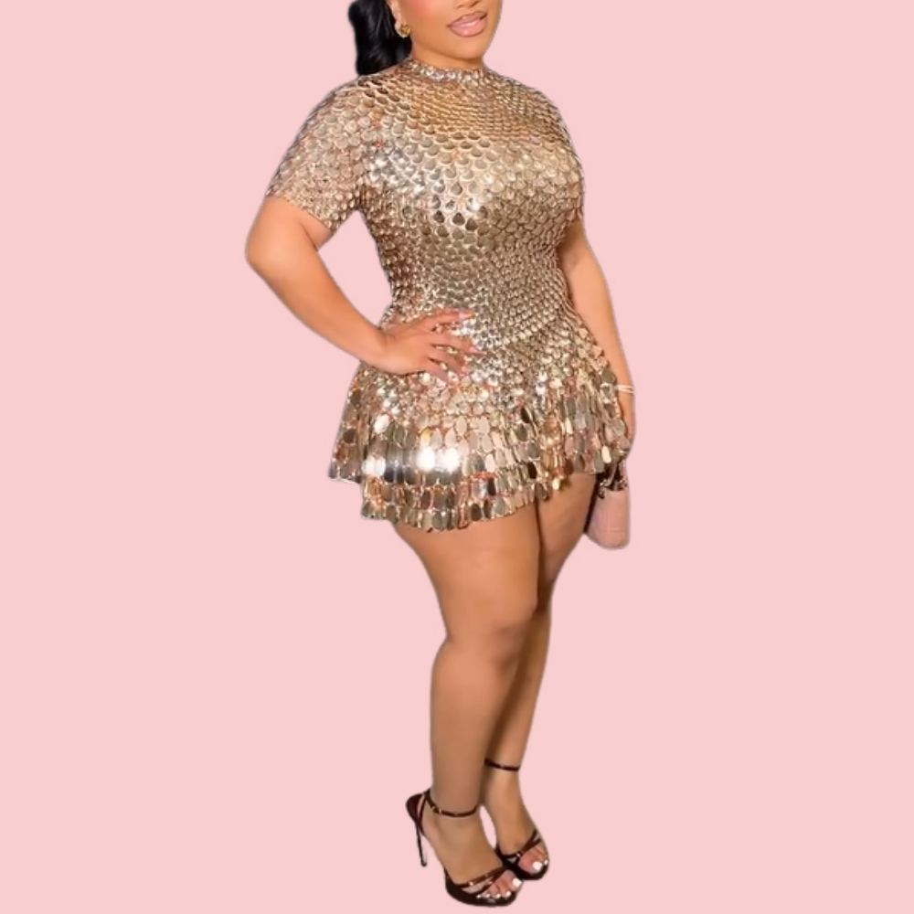 Gold Shell Short-Sleeve Mini Dress