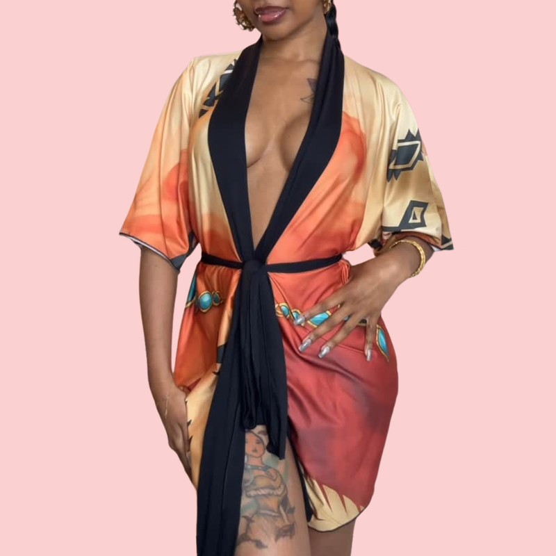 Printed V- Neck Tie-Up Nightgown