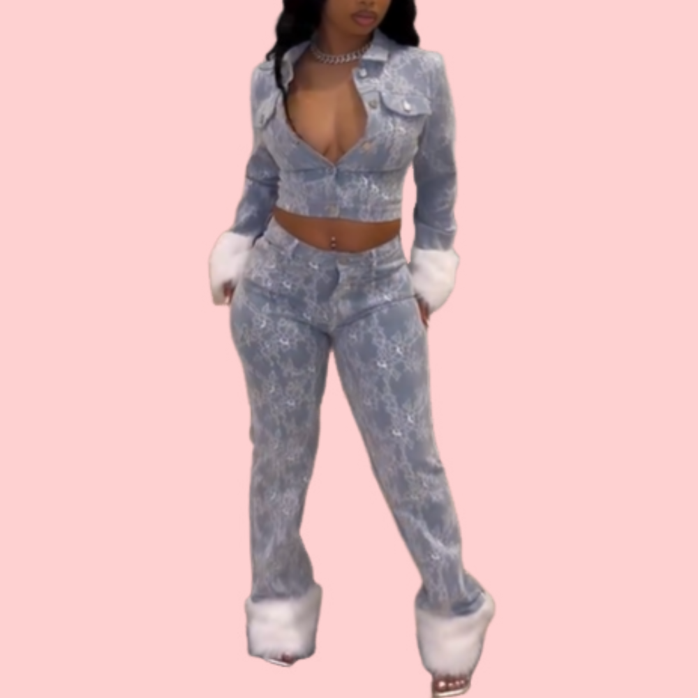Printed Denim Two-Piece Set