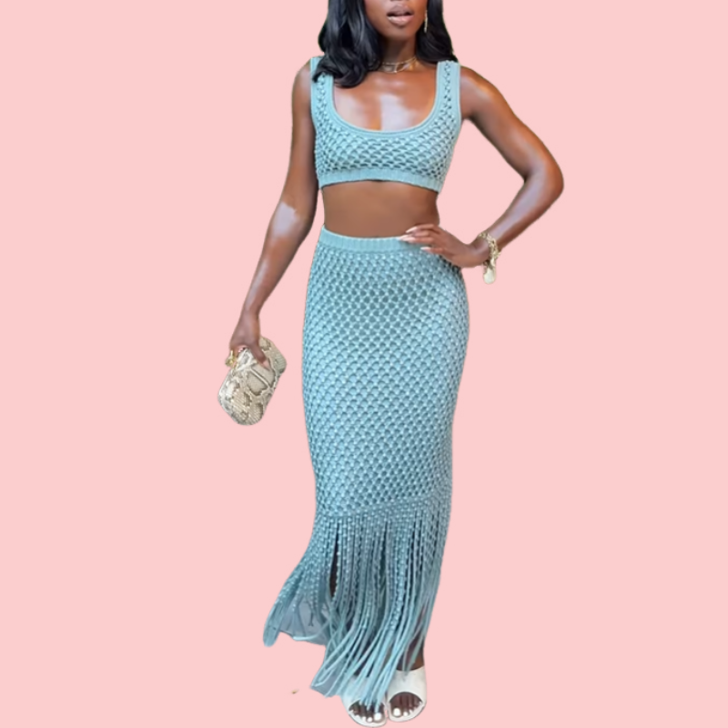Blue Knit Fringe Skirt Set