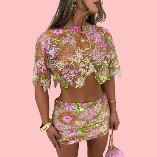 Floral Embroidery Cutout Top & Skirt Set