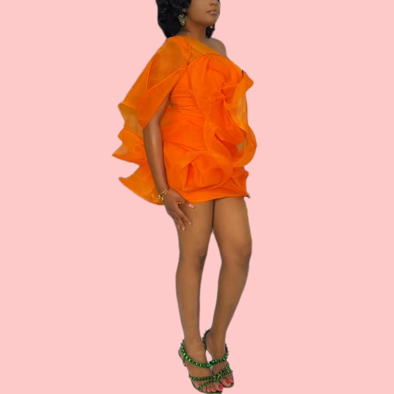 Orange Mesh Ruffle Mini Dress