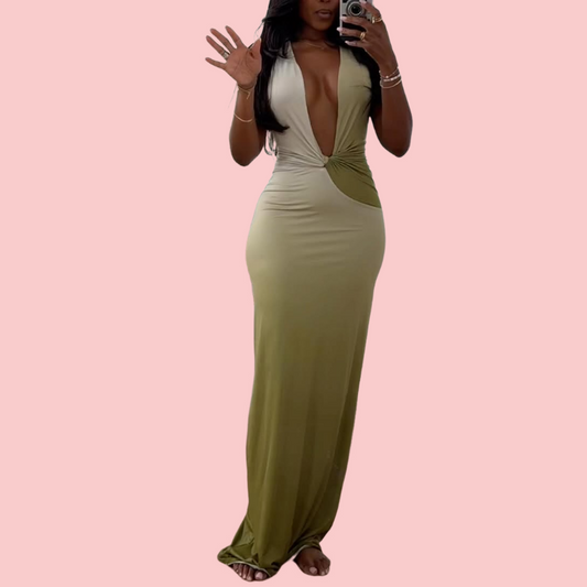 Green V-Neck Gradient Maxi Dress