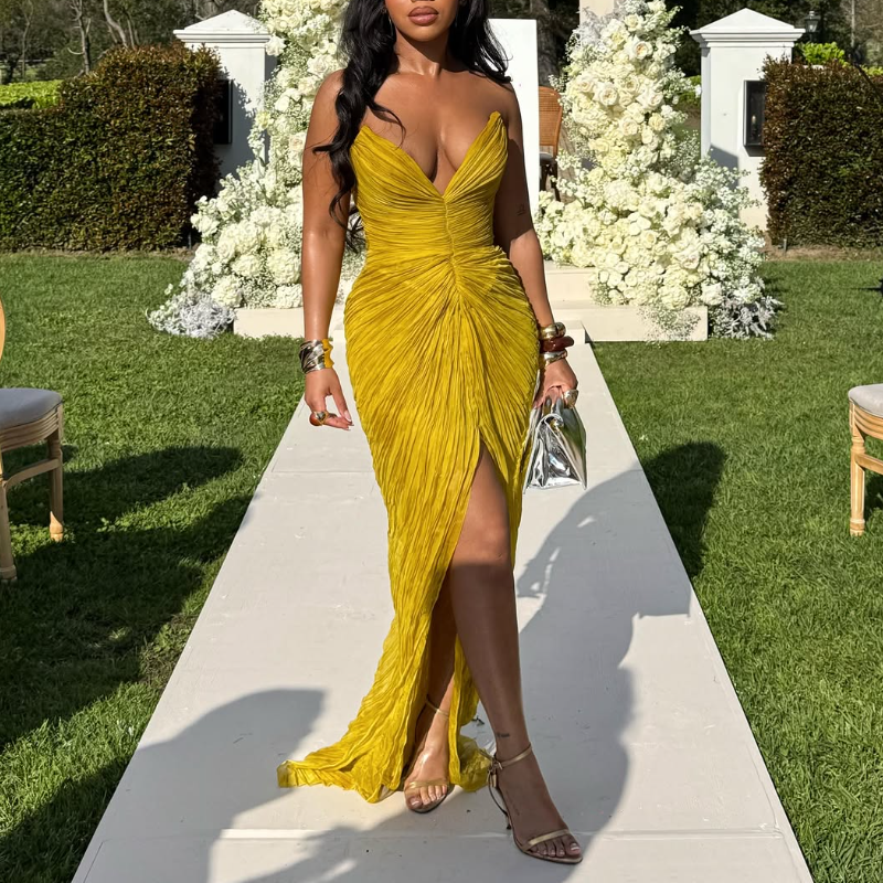 Yellow Sheath Pleated Split Dress