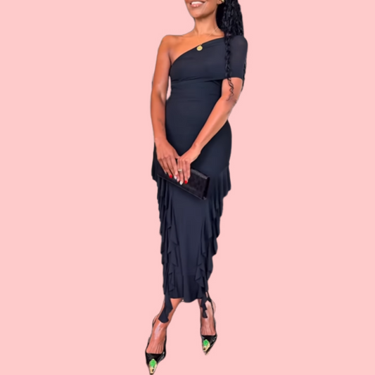 Solid Color Slant Shoulder Ruffle Midi Dress