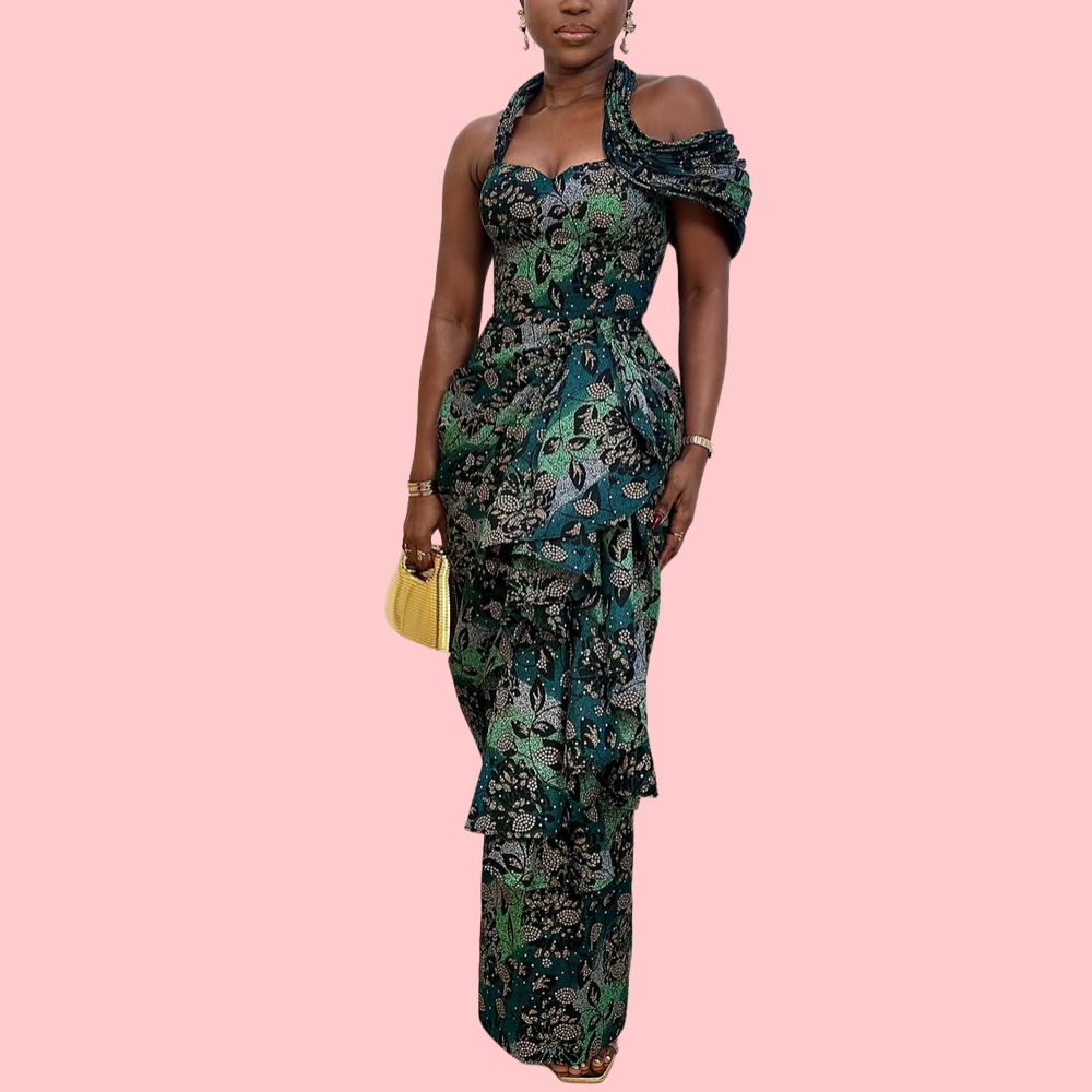 Green Floral Print Layered Maxi Dress