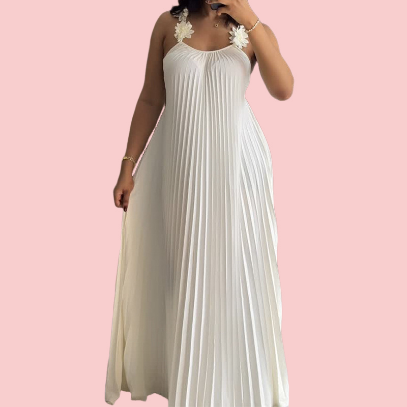 White Floral Strapless Pleated Dress