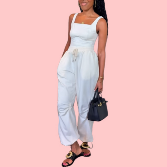White Suspender Drawstring Jumpsuit
