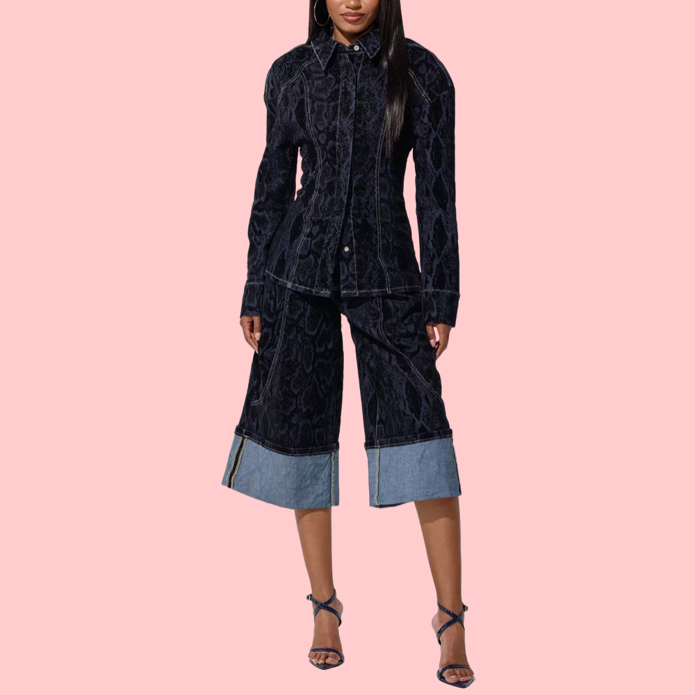 Patterned Denim Jacket & Mid-Rise Pants Set