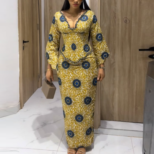 Yellow Floral V-Neck Blouse & Skirt Set