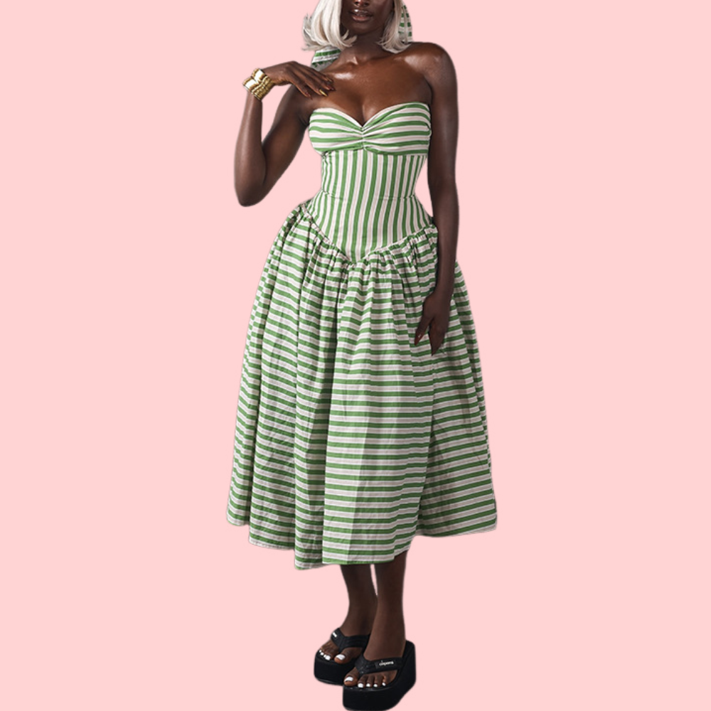 Green Striped Wrap-Front Midi Dress