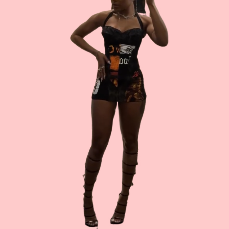Black Printed Halter Mini Dress