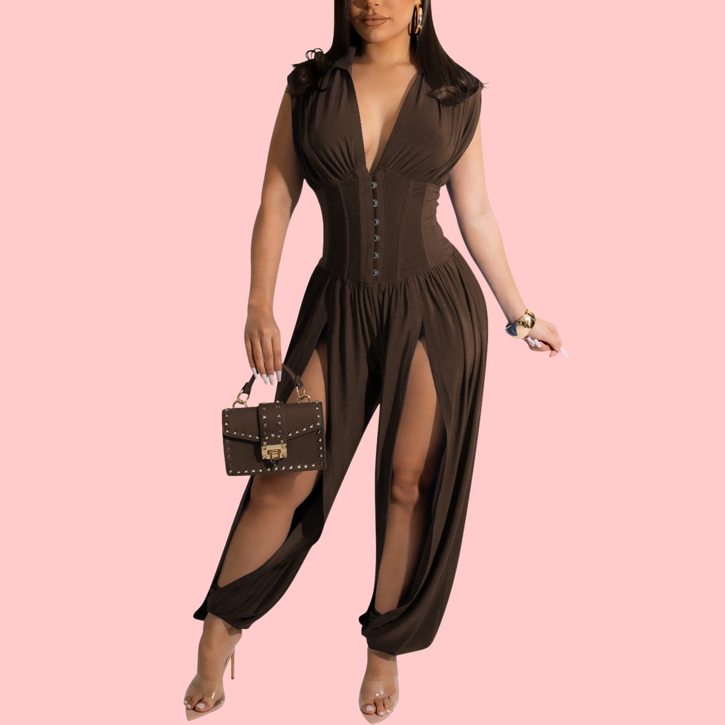 Solid-Color V-Neck Cutout Jumpsuit