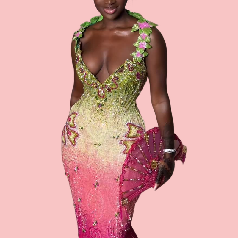 Colorful Rhinestone Embroidered Gradient Maxi Dress