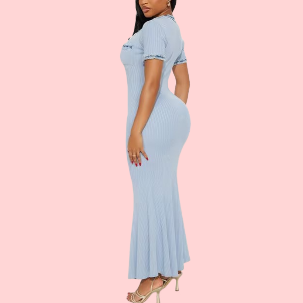 Knit Button-Up Short-Sleeve Fitted Maxi Dress