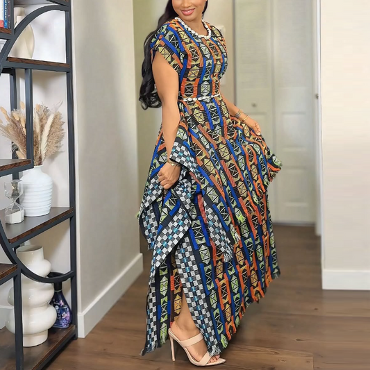Multi-Layer Short-Sleeve Floral Print Maxi Dress