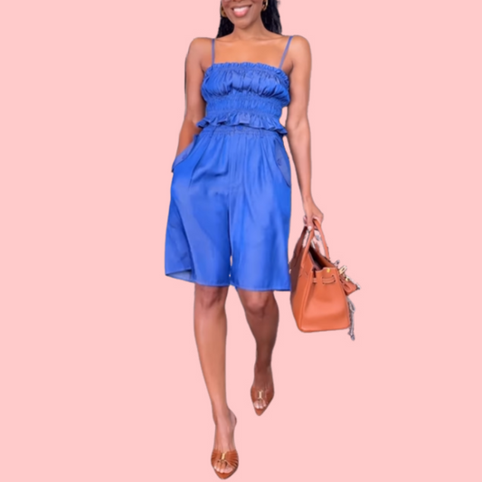 Blue Halter Ruffle Top & Shorts Set