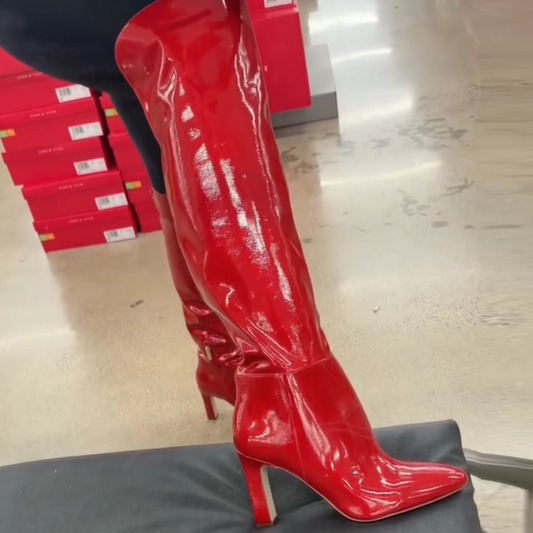 Red Leather Knee-High Boots with Heels